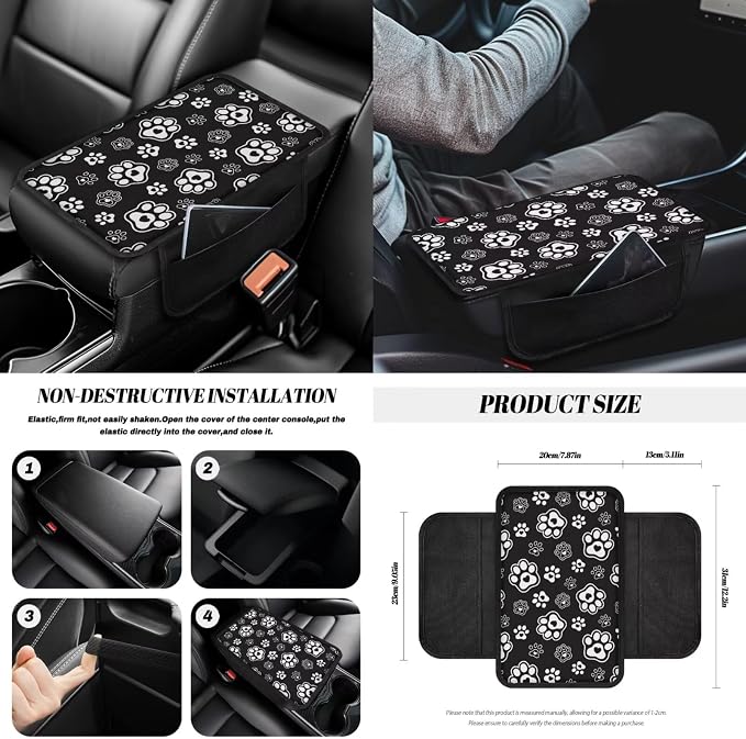 Dog Paw Print Car Seat Covers Front and Back Full Set with Steering Wheel Cover Armrest Cushion Safety Belt Pads Inside Rearview Mirror Cover Trash Bin, Universal Fits