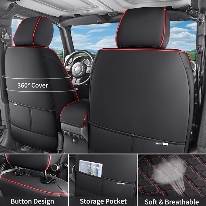 Huidasource Ford F250 Black&Red Front Seat Covers, 360° Full Wrap Leather Seat Cushion Cover Fit for Ford F150 2015-2026, F250 F350 F450 2017-2026 All Cab XL XLT Lariat King Ranch Platinum