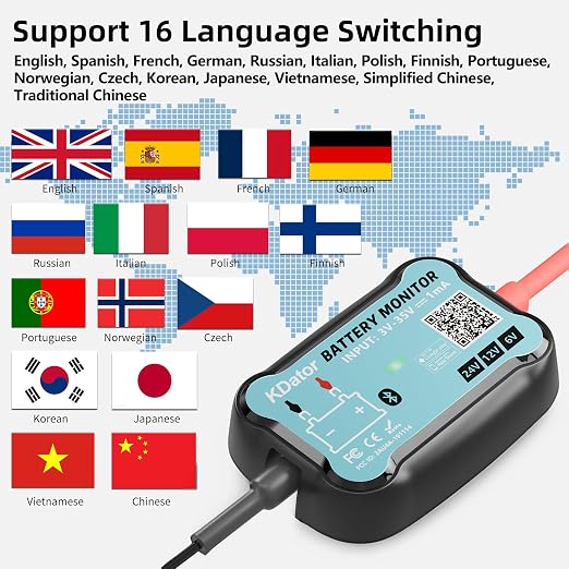 6V 12V 24V Bluetooth Battery Monitor BM7–Work for All Lead-Acid & Lithium Battery with Charging, Cranking System Test & Auto Alarm – Waterproof Voltmeter for Cars, Vans, Trucks, Motorcycles, Boats