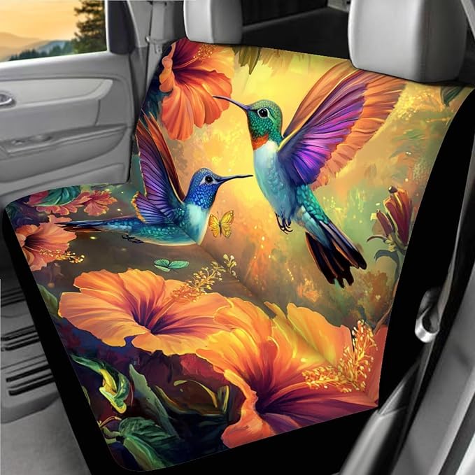 Hummingbird Flower Car Seat Covers Full Set 18 Pcs Hummingbird Print Car Accessories Full Set Steering Wheel Cover Universal Fit Car Headrest Covers Car Seat Belt Pads Cover Keychain