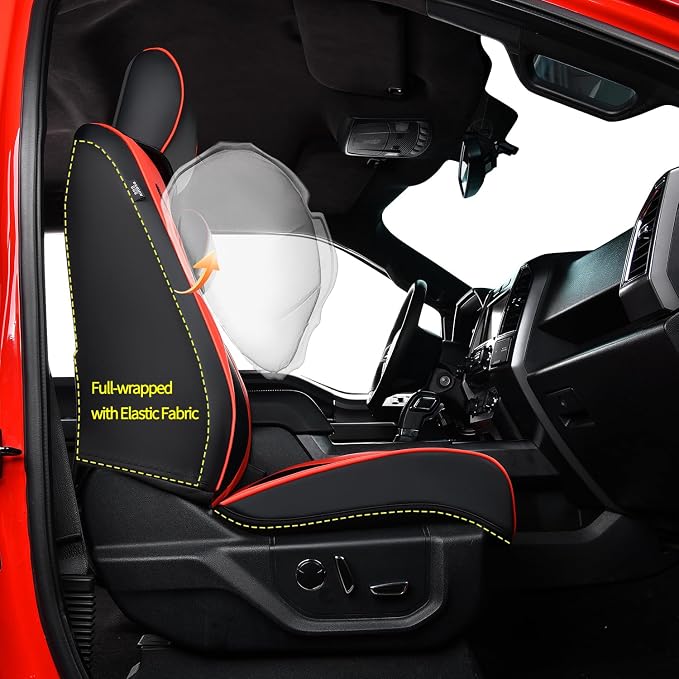 Ranger Seat Covers, for 2019-2023 Ford Ranger XLT XL Lariat Crew Cab, Napa Leather Seat Protector (Full Set, Black&Red)