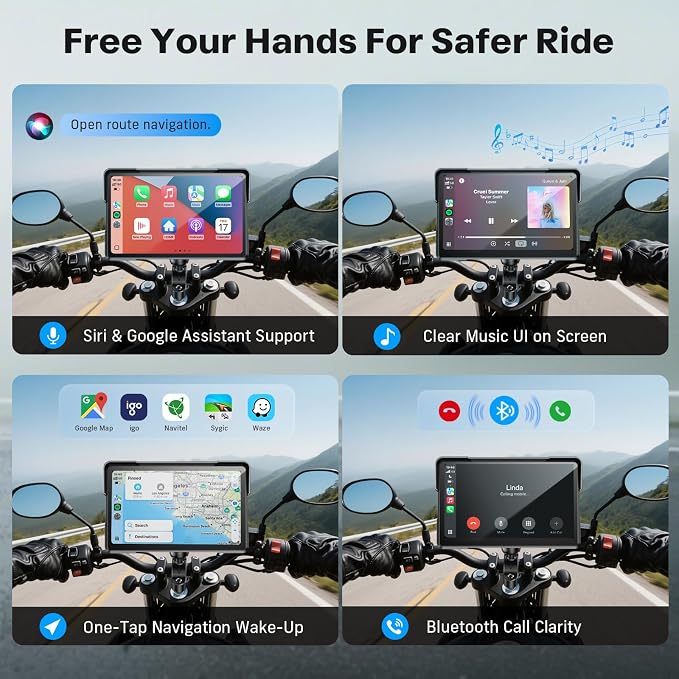 WonVon 7 Inch Wireless Motorcycle Carplay GPS Navigation System with Apple Carplay and Android Auto Portable Screen with Dual Bluetooth, Navigation, Siri, Google Assistant with Magnetic Mount