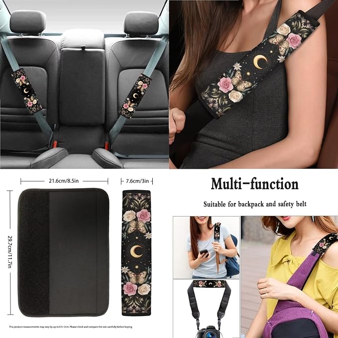 Butterfly Moon Rose Pattern Car Accessories Pack of 13, Comfortable Car Seat Covers Full Set, Steering Wheel Cover and Seat Belt Protector, Coasters with Finger Notch for Women and Men