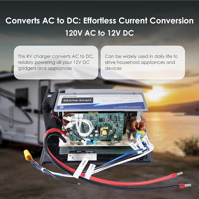 WAVLINK WF-8955-MBA 55Amp RV Power Converter, 120V AC to 12V DC Battery Charger with 3 Smart Charging Modes, 13V-16.5V Adjustable Operating Range, Multi-Stage Charging Assembly （Indicator Light）