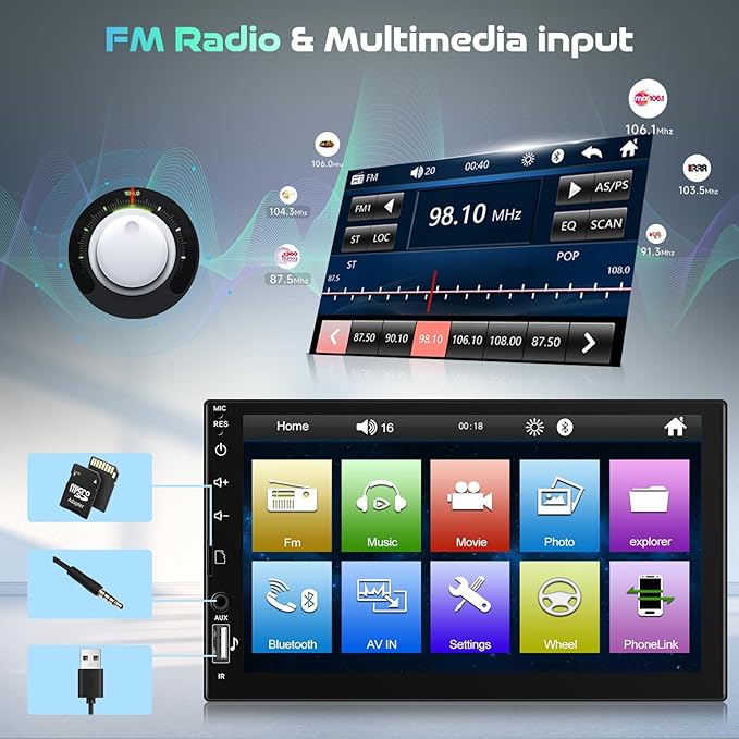 Single Din Touch Screen Car Radio with Bluetooth, 7 Inch HD LCD Screen Car Radio 1 Din with Mirror Link EQ FM Radio SWC, Car MP5 Player 1 Din Support USB/U Disk/SD Card/Type-C Charging + Camera