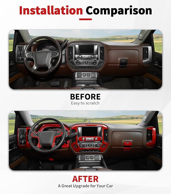 JWWY Interior Trim Kit Compatible with 2014–2017 Chevy Silverado & GMC Sierra, Center Console Dashboard Passenger Side Glove Box & Push Start Button Cover Trim Accessories Red 15pcs