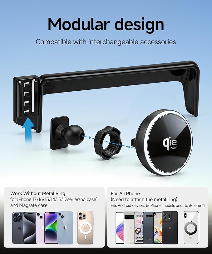 Qi2.2 Max 25W Fast Wireless Car Charger Phone Holder for 2023-2026 Toyota Prius 12.3-Inch Screen, Magnetic Phone Mount Compatible with MagSafe