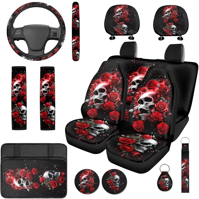 Bulopur Gothic Skull Red Rose Vehicle Seat Covers Front and Backseat with Matching Car Armrest Pad 15 Inch Steering Wheel Cover Auto Seat Belt Covers Coasters Automotive Interior Decor Set