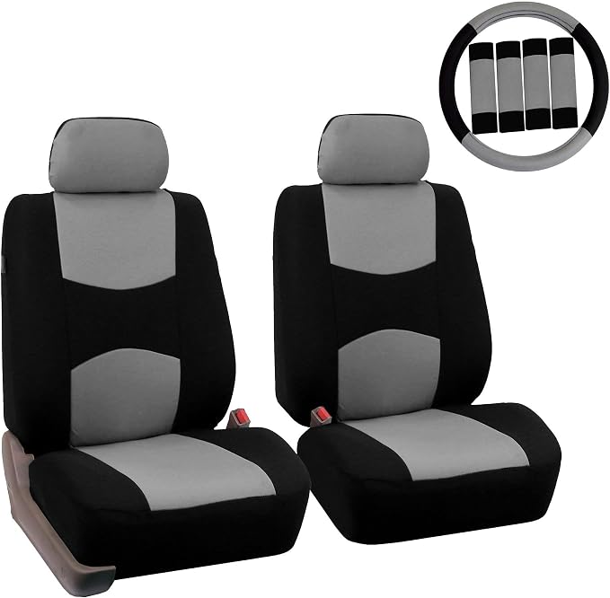 FH Group Car Seat Covers Flat Cloth Front Seats Only Gray Automotive Seat Cover, Airbag Compatible Universal Fit Interior Accessories Cars Trucks SUV Combo Steering Wheel Cover & Seat Belt Pads