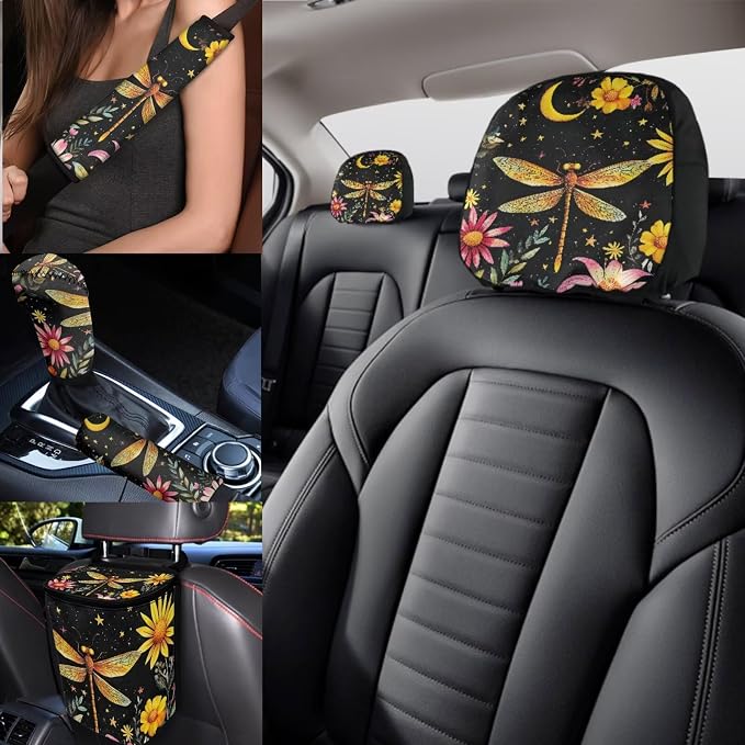 Dragonfly Car Seat Covers Full Sets 17 Pack for Women,Starry Sky Dragonfly Car Interior Accessories with Vehicle Trash Bag Starry Sky Auto Seat Head Rest Protector for Front Seat Rest Decor
