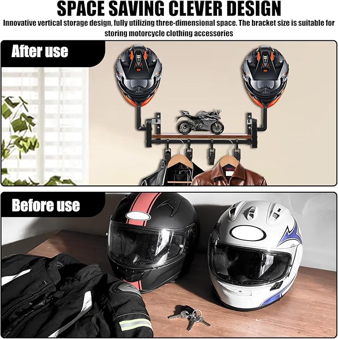 Helmet Wall Mount, Motorcycle Helmet Holder with Shelf, 2 Helmets Stand, 4 Glove Chips and 2 Hooks, Helmet Display Mount for Most of Helmet and Clothes