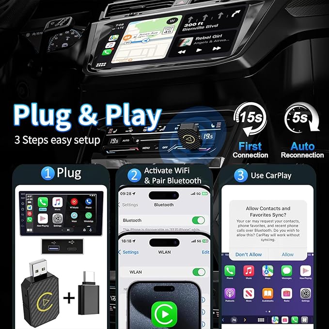 2 in 1 Wireless CarPlay Adapter and Android Auto Wireless Adapter for Convert Wired CarPlay, for Cars 2016+/Apple iOS 10+, No Delay, Plug and Play, with USB-A to USB-C Connectors