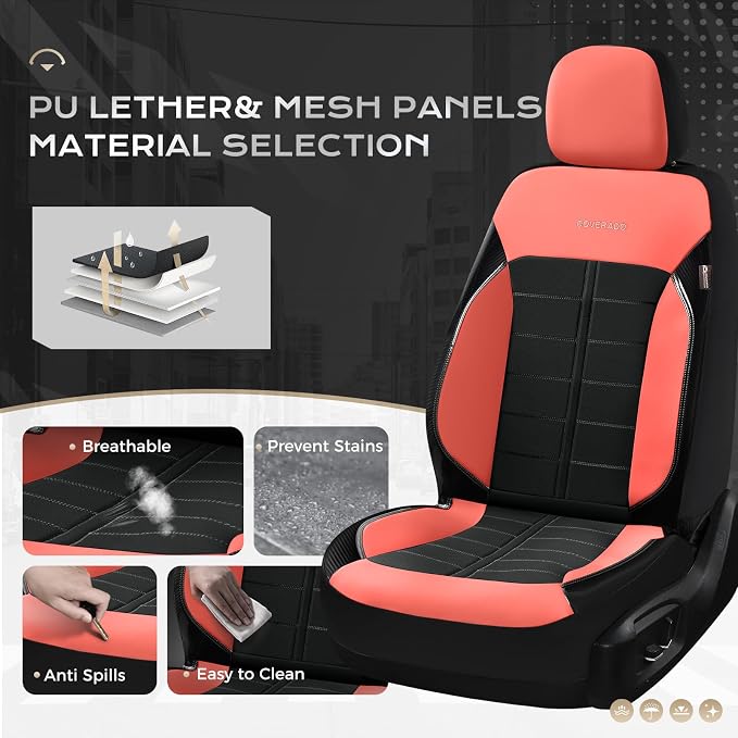 Coverado Seat Covers, Car Seat Covers Front Seats Faux Leather Automotive Seat Covers Luxury Waterproof Car Seat Cover Protectors Universal Fit for Most Cars SUV Trucks, Red&Black