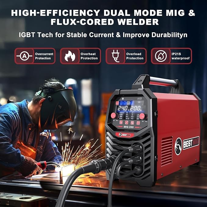BESTMIG 200A MIG Welder - 6-in-1 IGBT Inverter Welding Machine, Gas/Gasless Flux Core, Stick, Lift TIG, Spot & Spool Gun - Portable 110V/220V Equipment