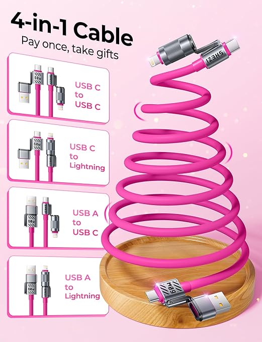 Coiled Pink Cable 4-in-1 USB C Cable 60W Compatible with Lightning Cable Fast Charging & Data Transfer, Support to CarPlay & Android Auto, 5FT Multi Cord Combo Charger for iPhone/iPad