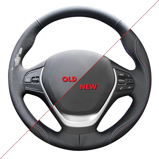 MEWANT Hand Stitch Steering Wheel Cover for BMW 2 Series F22 F23 2014-2020 3 Series F30 F34 2012-2018 4 Series F32 F33 F36 2014-2020 Black Genuine Leather Interior Accessories