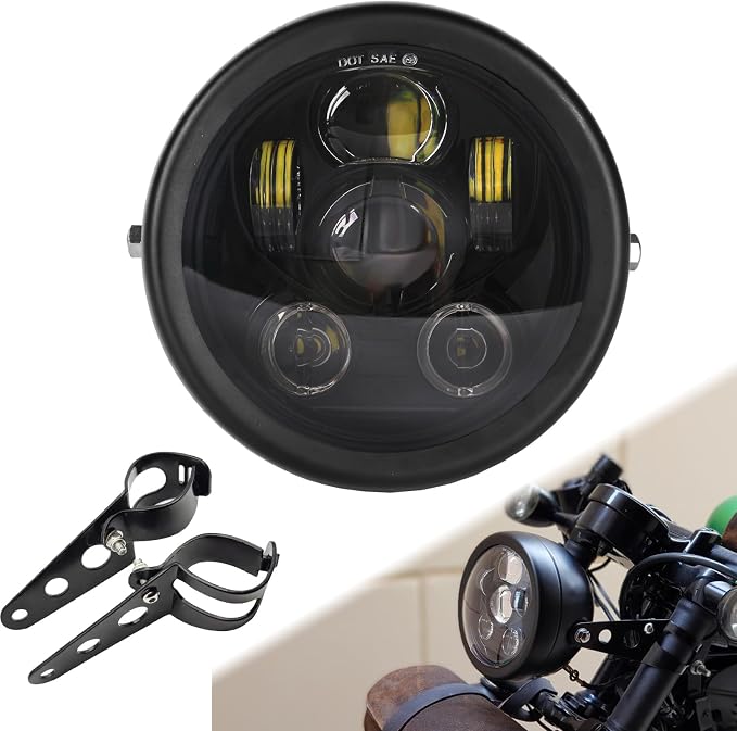 5.75inch Headlight with Matte Black Motorcycle Front Light Housing Bucket 32-40MM Side Mount Brackets fit for Most Motorbikes
