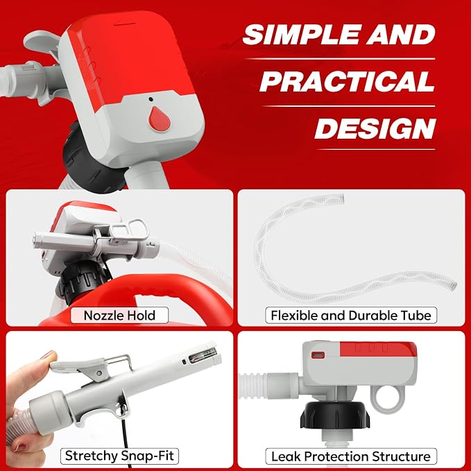 Keimi Portable Fuel Transfer Pump with Auto-Stop, 3.8 Gallon per Min, 51" Extra Long Hose, Battery & USB Powered, 4 Can Adapters, Leak-proof Gas Pump for Oil, Diesel and Gasoline