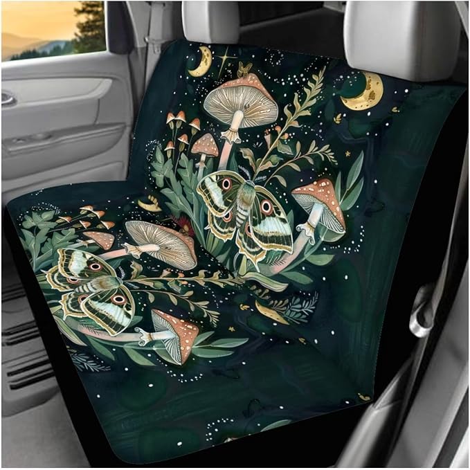 Ystardream Retro Moth Mushroom Car Seat Covers Full Set for Women Girly Car Seat Covers with Matching Steering Wheel Cover Machine Wash Automatic Interior Set Green