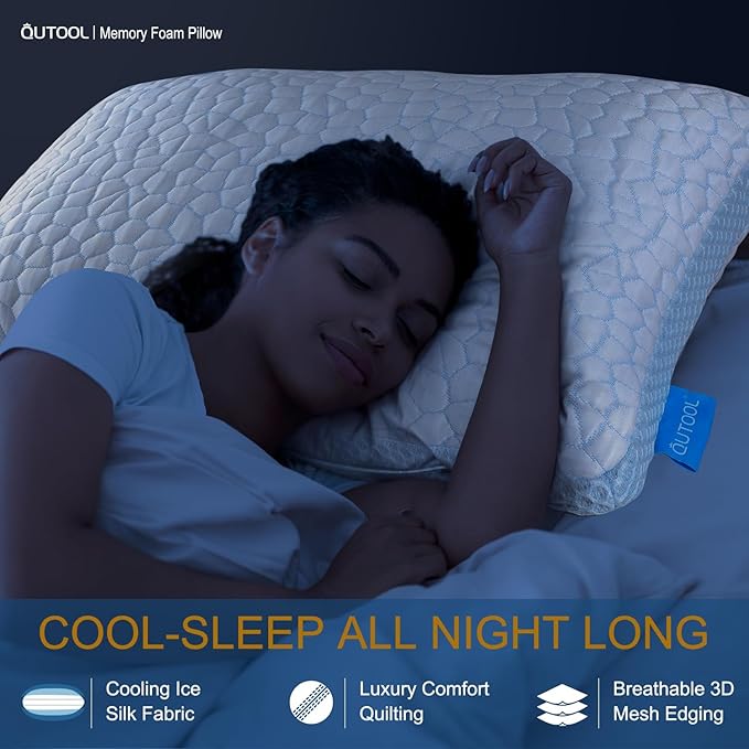 QUTOOL Enhanced Cooling Pillows for Sleeping, CertiPUR-US Shredded Memory Foam Pillows Standard Size Set of 1 for Hot Sleeper, Adjustable Pillow for Side, Back, Stomach Sleepers Support Yet Soft, Blue