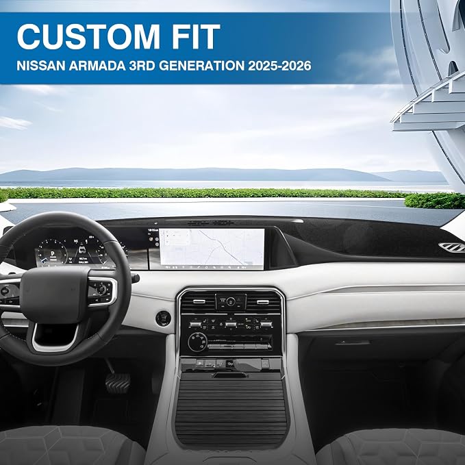 KUST Black Dash Cover Compatible with Nissan Armada 2025 2026 Dashboard Cover Accessories for Armada Non-Slip Polyester Dashboard Mat Custom Fit Center Console Sunshield Protector No Glare