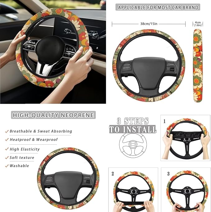 15 Pcs Abstract Groovy Flower Car Seat Cover Full Set for Women with Car Steering Wheel Cover Seat Belt Cover Trash Bin Front Rear View Mirror Car Cup Holder Keychain