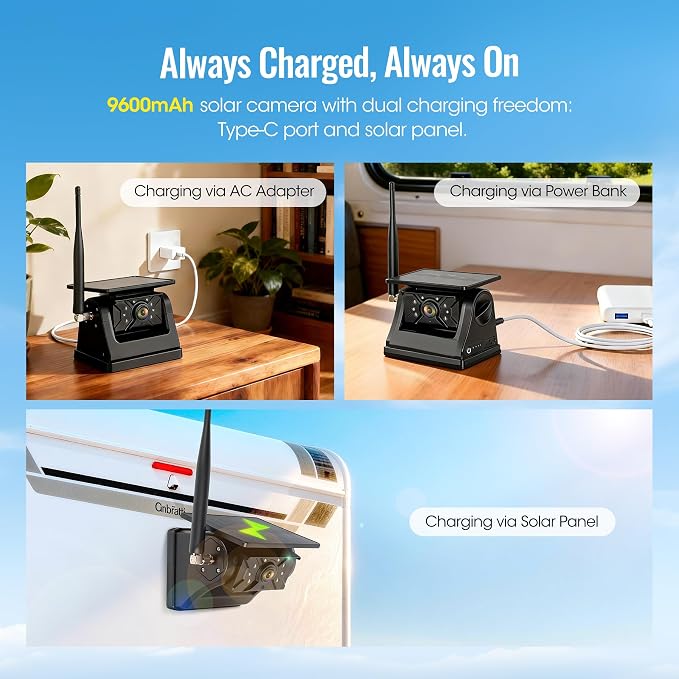 Magnetic Solar Wireless Backup Camera System, 7" IPS Touchscreen with DVR, Rechargeable IR Night Vision Rear View Camera, Zero Wiring RV Camera for Hitching Trailers/Fifth Wheels/Campers, AH7