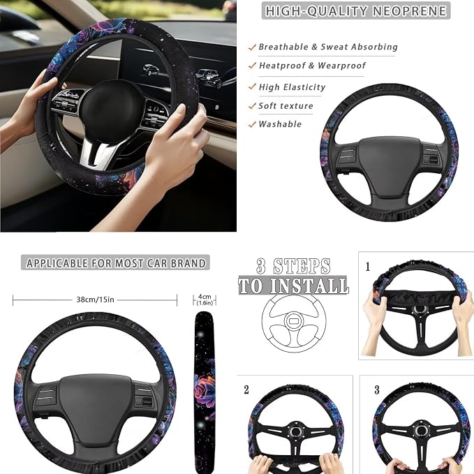 Moon Galaxy Butterfly Car Seat Covers Full Set 15 Pcs Universal Car Accessories Steering Wheel Cover Seat Belt Pads Garbage Bag Car Headrest Pillow Covers Armrest Pad