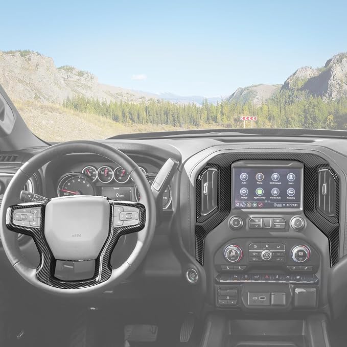 Jimen Fit for Chevy Silverado 2019-2021, 2PCS Center Console Navigation Screen Panel Cover Trim