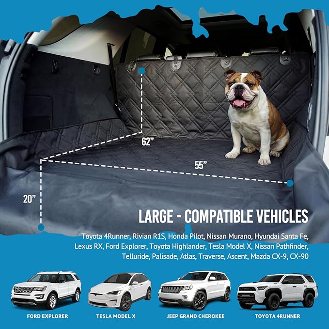 Bulldogology SUV Cargo Liner for Dogs 55"x82" Heavy Duty Pet Trunk Cargo Cover Area - Trunk Cover Car Protector for Dogs Waterproof Nonslip Mat - Dog Cargo Liner SUVs Vans Cars (Large, Black)