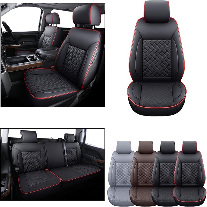 LUCKYMAN CLUB Chevy Silverado/Sierra P01-S1 Seat Covers Full Set, Fit 2019-2024 1500/2020-2024 2500 HD/3500 HD Crew Cab with Breathable Faux Leather (Full Set, Black/Red)