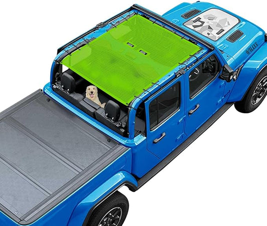 JT Top Sun Shade Roof Compatible with Jeep Gladiator 4 Door 2018 to 2023 Sunshade Sunroof Bikini Cover Blocks UV Wind Noise Green Mesh for Full Length