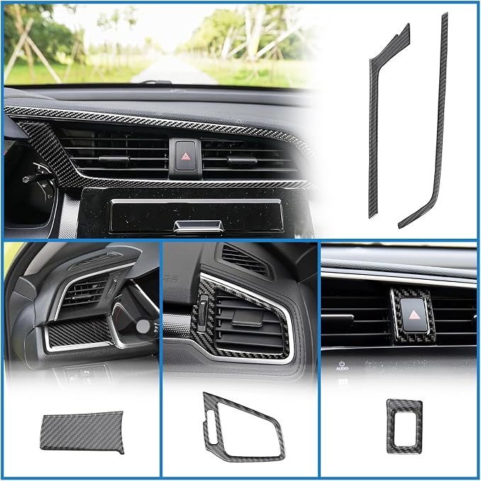 10PCS Real Carbon Fiber Interior Trim Kit Compatible with 2016-2021 10th Gen Honda Civic – Center Console Dashboard, Gear Panel, AC Air Vent, Interior Decor Sticker Accessories