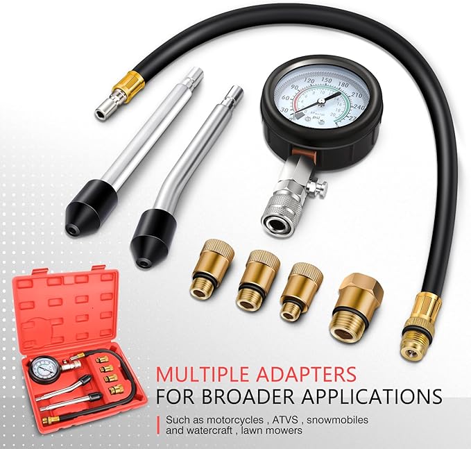 DNA Motoring 8PCS Compression Gauge Compression Tester Kit with M10 M12 M14 M18 Adapters for Car Truck ATV Motorcycle, TOOLS-00334