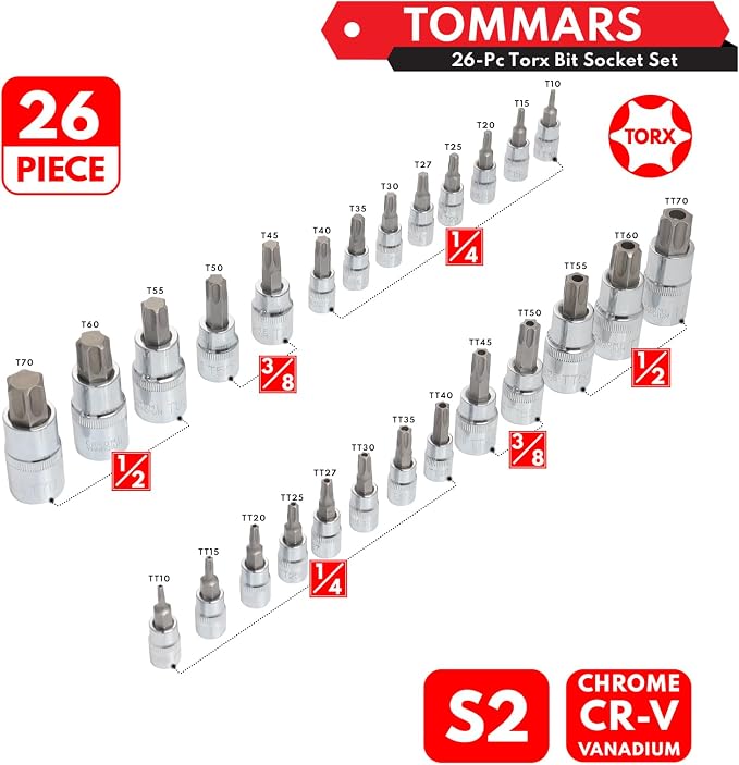 TOMMARS 26-PC T10-T70 & TT10-TT70 & 60-Pc Master Torx Bit Socket and External Socket Set