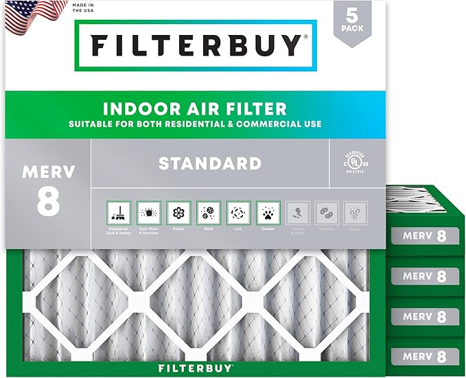 Filterbuy 14x14x2 Air Filter MERV 8 Essential Dust & Allergy Defense (5-Pack), Electrostatic Pleated HVAC AC Furnace Filters Replacement (Actual Size: 13.50 x 13.50 x 1.75)