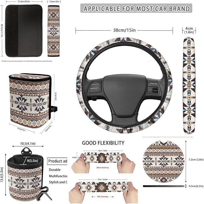 Dreaweet Aztec Car Seat Covers Full Set Native American Tribal Geometric Pattern Seat Covers with Steering Wheel Covers Seat Belt Pads Coaster Trash Can Air Vent Holder Rear View Mirror Cover Keychain