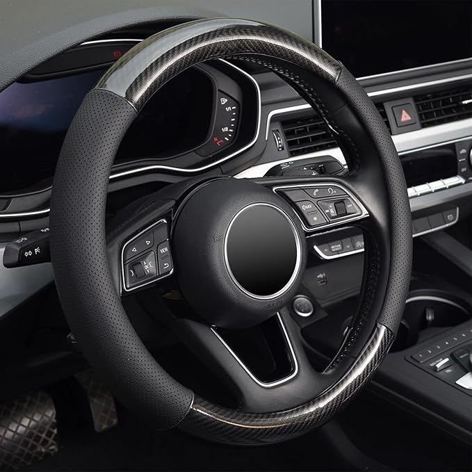 KAFEEK 16 inch Classic Carbon Fiber Steering Wheel Cover Compatible with F150 F250 F350 Ram 4Runner Tacoma Tundra Range Rover, Breathable Microfiber Leather, Black