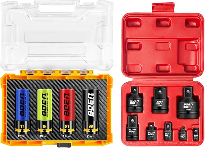 BOEN 8P Impact Socket Adapter & Reducer Set and 4P 1/2" Drive Impact Lug Nut Socket Set, Color-Coded and Embossed and Painted Marking, CR-MO Steel