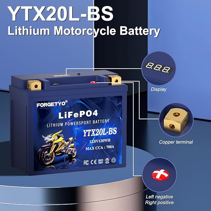 Lithium Motorcycle Battery, Forgetyo YTX20L-BS LiFePO4 Battery, 12V 10AH 700A ATV, UTV, Jet Ski, 4 Wheeler, Snowmobile, Personal Watercraft, Seadoo, Polaris, Generator and Riding Lawn Mower Battery