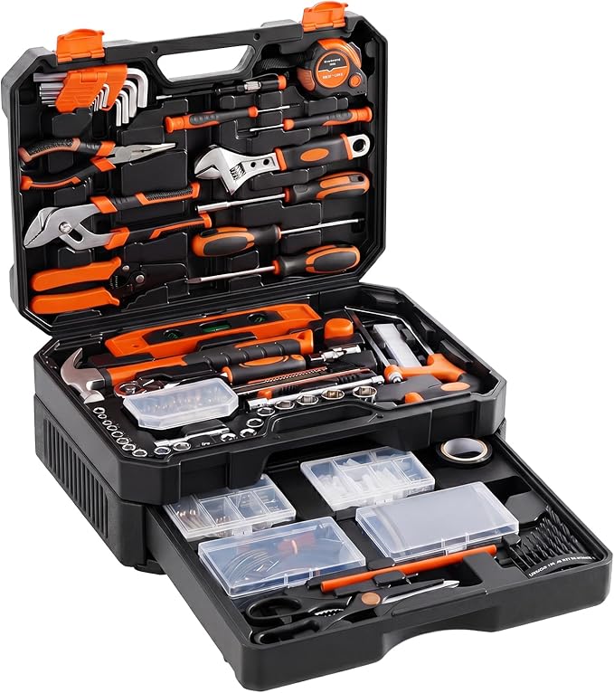 330-Piece Portable Home Repair Tool Kit with Pull-Out Drawer | Compact Homeowners Tool Kit, Durable Tool Box for Homeowner, DIY Projects, Handyman, Black-Yellow