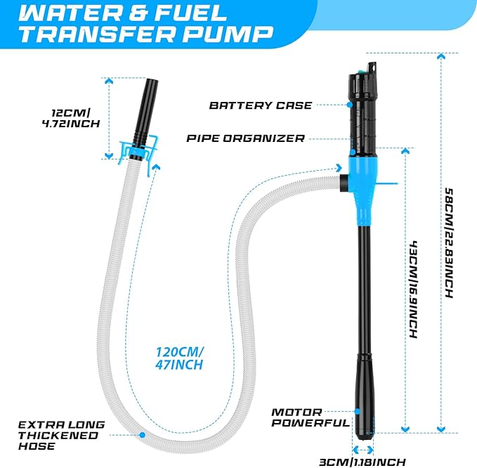 Portable Transfer Pump Battery Operated Electric Siphon Pump for Gas, Fuel, Diesel, Water Transfer 2.4 GPM Flow Oil Extractor, 47" Hose-Easy to Use Hand Fuel Pump, Multi-Use Siphon Transfer Pump(Blue)