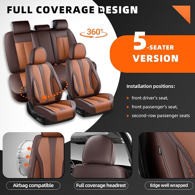 5-Seater Car Seat Covers Full Set, Fit for Front and Rear Seats of Cars, Waterproof and Breathable Nappa Leather, Compatible with Airbags, Car Seat Protector Covers for Most Cars -Coffee Brown