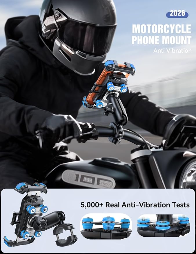 JOYROOM Motorcycle Phone Mount Holder - [Dual Vibration Dampener] 100mph Anti-Shock Phone Holder for Motorcycle [Metal Adjustment Arm] Bicycle Bike Phone Holder Mount for 4.7-7" Cell Phones, Blue