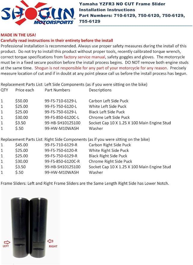 Shogun USA Made Yam YZF-R3 YZF R3 Also Fits ABS Models 2015 2016 2017 2018 Black Complete No Cut Frame Slider Kit Includes No Cut Frame Sliders Swing Arm Spools and Bar Ends - 755-6129