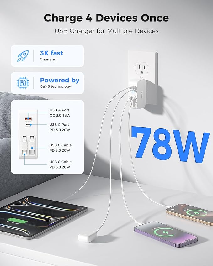 Bundle SUPERONE Retractable Car Charger 4 in 1 & 4 in 1 Retractable Wall Charger with Dual USB C Cables