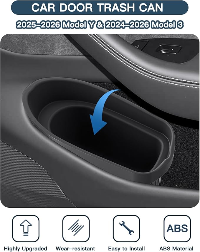 Ruiya Door Trash Can for Tesla Model Y 2025-2026/Model 3 2024-2026,Waterproof Silicone Auto Garbage Can Portable Door Built-in Trash Bin, Interior Accessories for Model Y/3