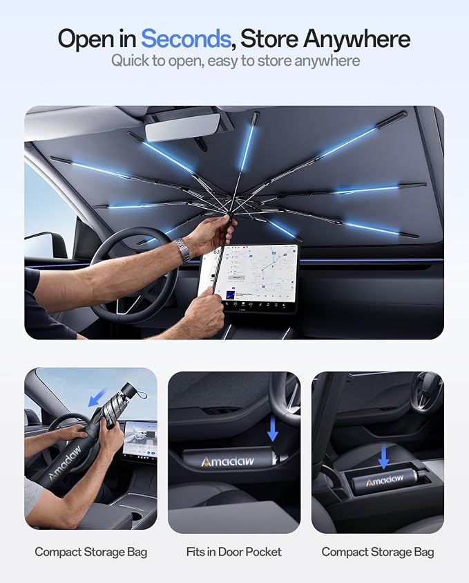 Car Windshield Sun Shade Umbrella for Model Y 2020~2026(Ice Crystal + Fabric + Black Film), Keeps Car Cool, Foldable Sunshade with Soft Edge, Easy Storage with Bag