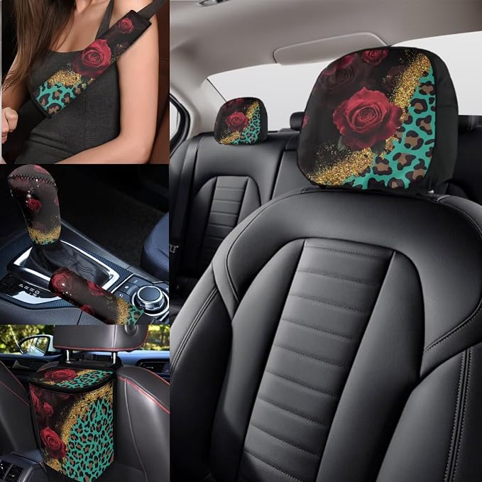 Leopard Print Car Seat Covers Full Sets with Front and Split Rear Bench,Red Rose Car Accessories Set 17 Pack,Leopard Print Vehicle Interior Set Decor with Headrest Covers,Car Seat Belt Cover