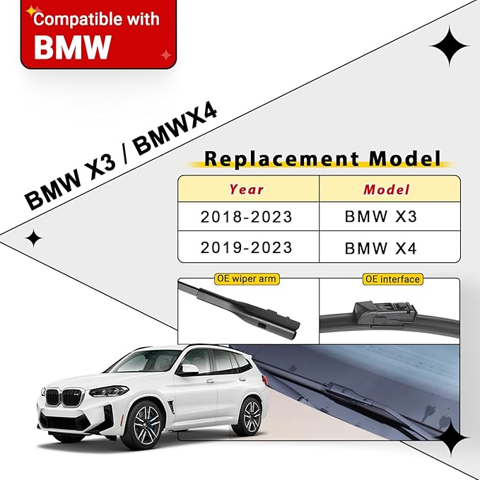 Windshield Wiper Blades Replacement for 2018-2023 BMW X3 X4 Original Factory Quality Front Rear Wipers Blade Set for My Car - 26" 20" 12" (Pack of 3)